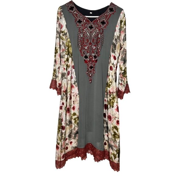 Embroidered Flora Bohol Kaftan Dress Lace Floral Flowy Assymentrical Retro India - Picture 1 of 16